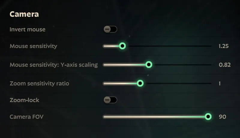 Deadlock Camera settings menu with the Camera FOV slider pulled fully right at 90