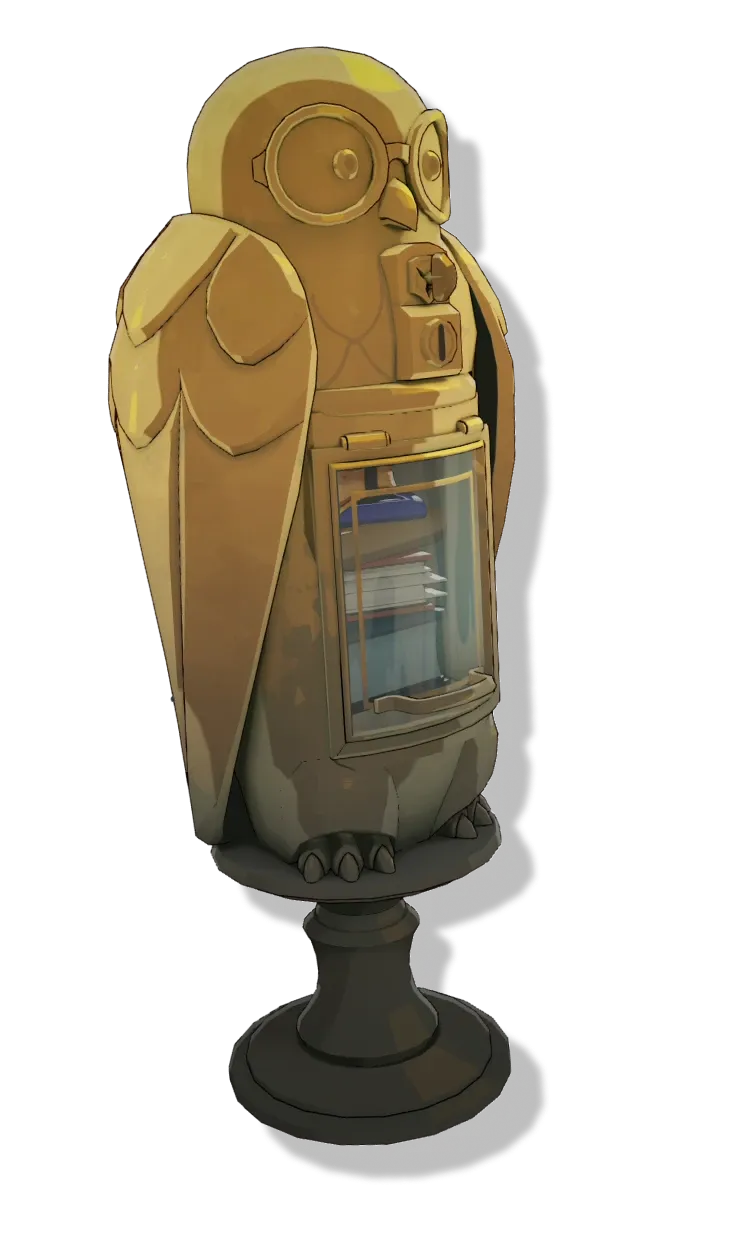 Golden owl-shaped shop kiosk with round goggles and a lit glass display case of items
