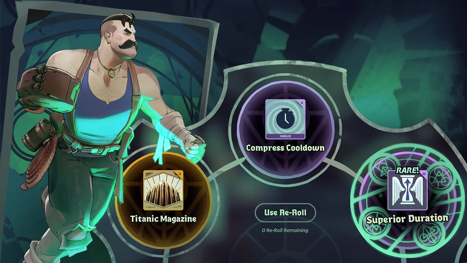 Street Brawl draft screen with Titanic Magazine, Compress Cooldown and Superior Duration cards and a use re-roll button