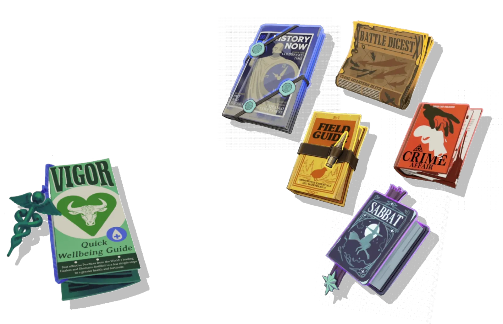 Permanent buff pickups styled as a wellbeing pamphlet, history magazine, battle newspaper, field guide, crime novel and comic book