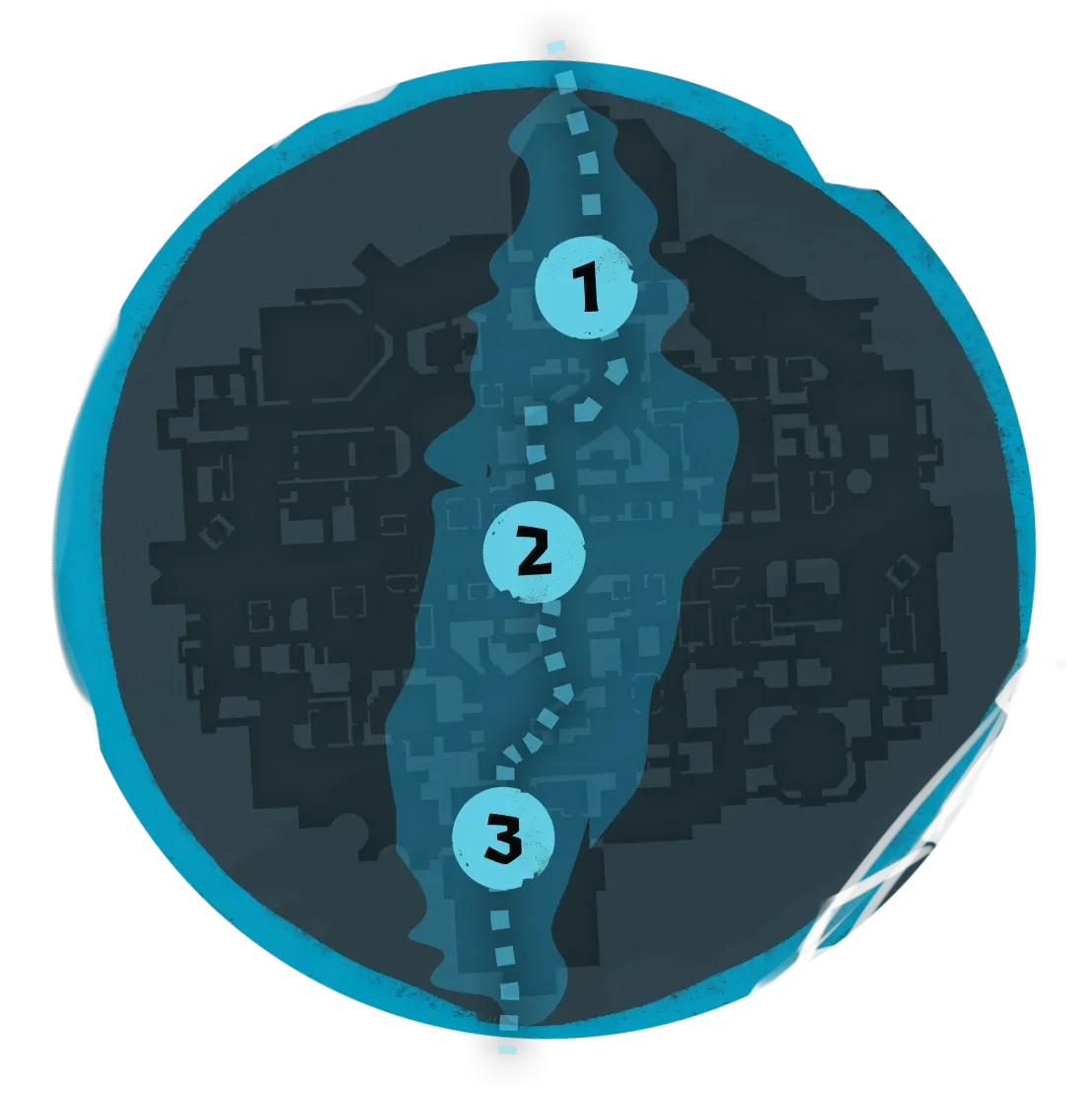Overhead city map diagram with a glowing blue central corridor and three numbered waypoint markers