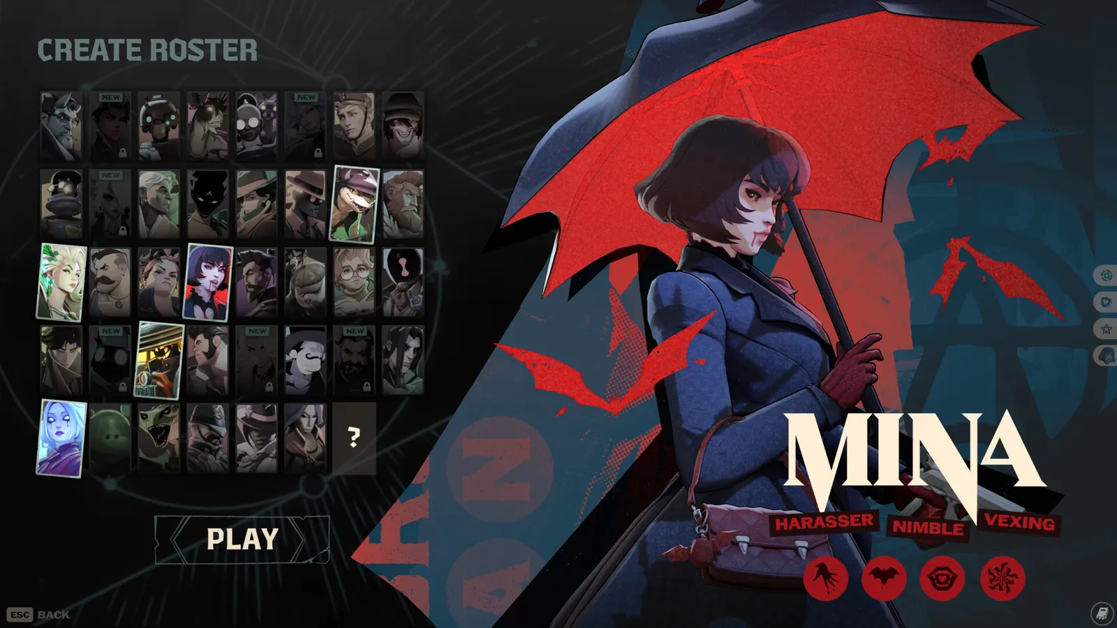 Deadlock create roster screen with a grid of hero portraits beside Mina splash art labeled harasser, nimble and vexing