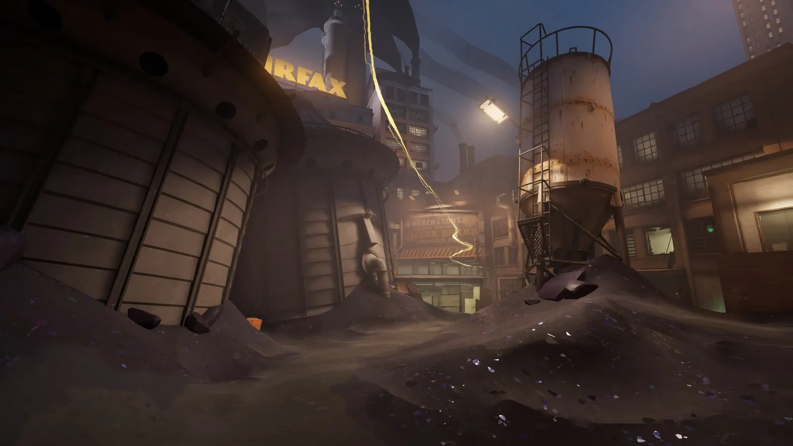 Yellow soul trail arcing over rubble piles between factory silos below the Fairfax sign