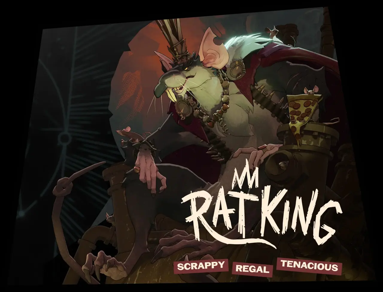 Valve Rat King hero reveal card: green rat king in a top hat and beaded necklace holding a nail board, rats around him, with the trait banners Scrappy, Regal and Tenacious