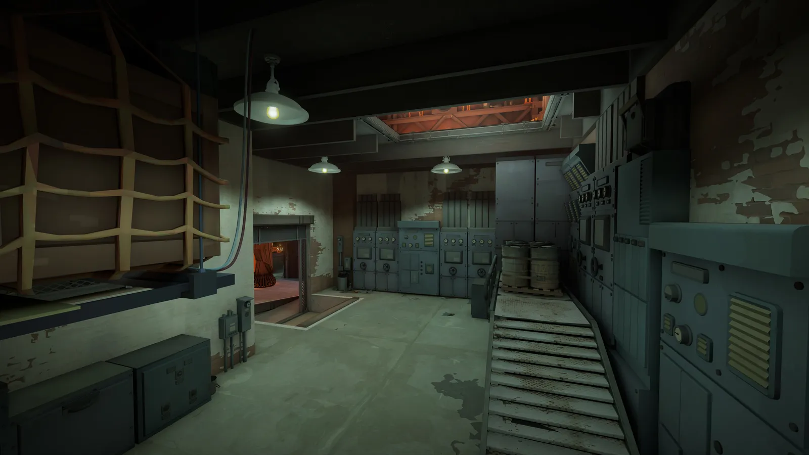 Underground utility room with rows of gray electrical cabinets, a conveyor track and crates beside a stairwell descending to a glowing doorway