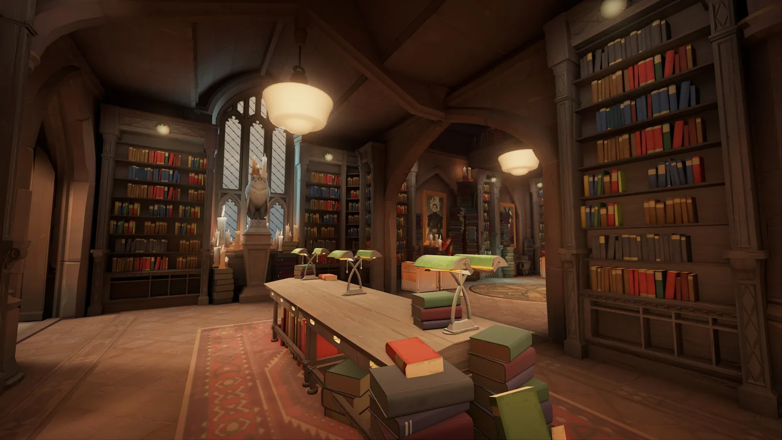 Stylized library hall with tall wooden bookshelves, green banker's lamps lining a long reading table and stacks of books on the floor