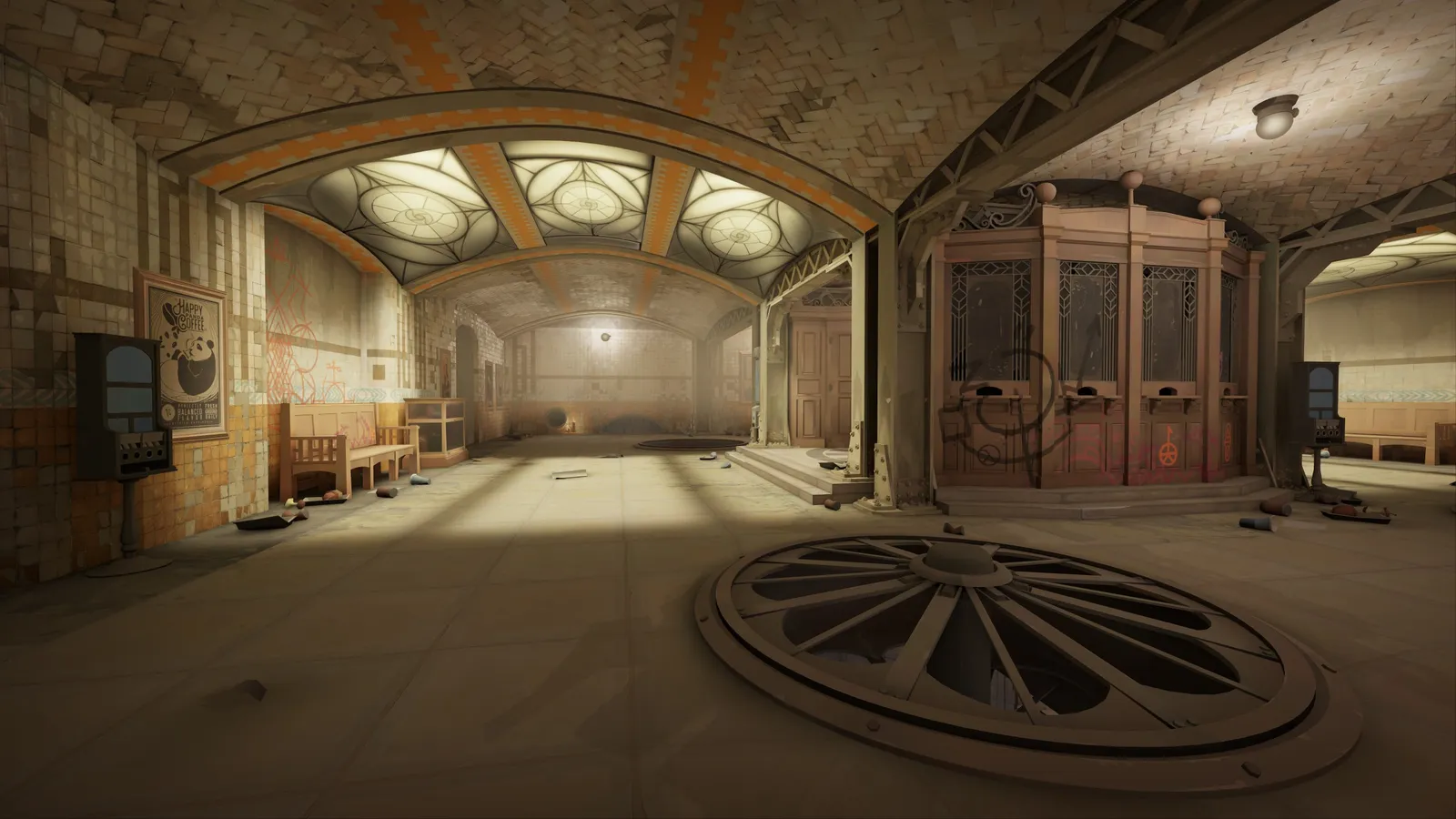 Abandoned art-deco subway concourse with a boarded-up ticket booth and a gear-shaped ring set into the tiled floor