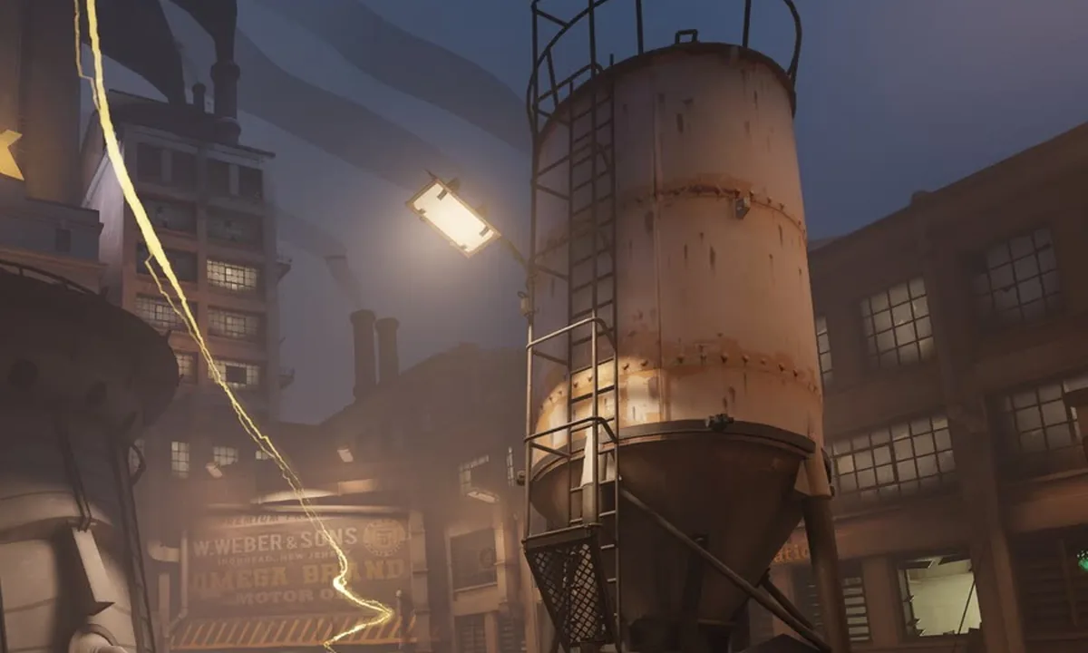 Rust-stained silo and concrete hopper above a foggy Deadlock factory yard, lit by a hanging work lamp and faded neon signs